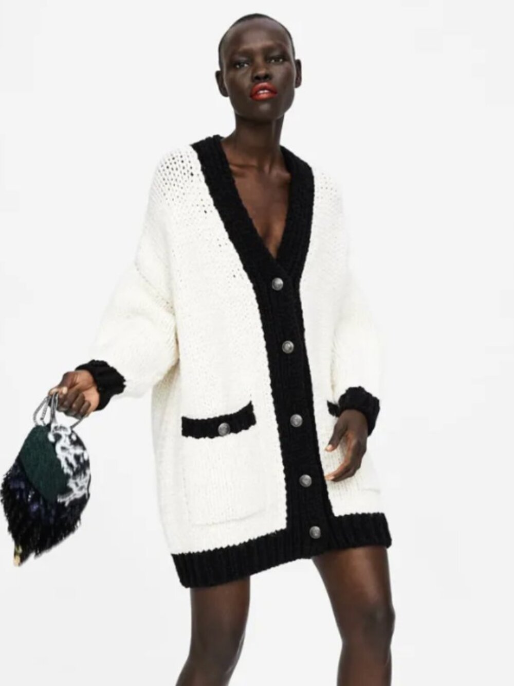 ZARA Chunky Oversized Knit Cardigan White Black Contrast Trim